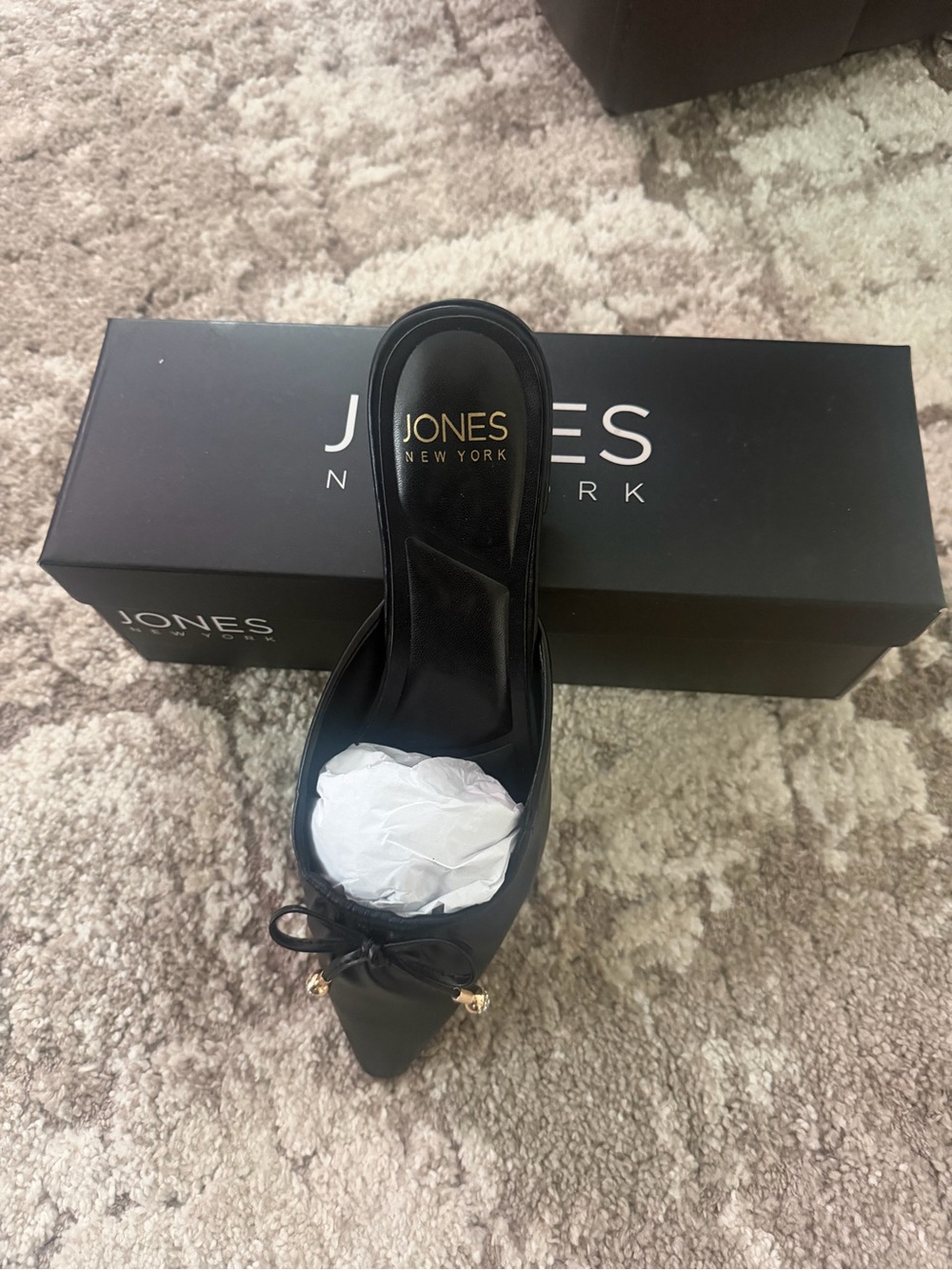 Jones New York Black Pointed Toe Slip-On Mule with Bow Accents